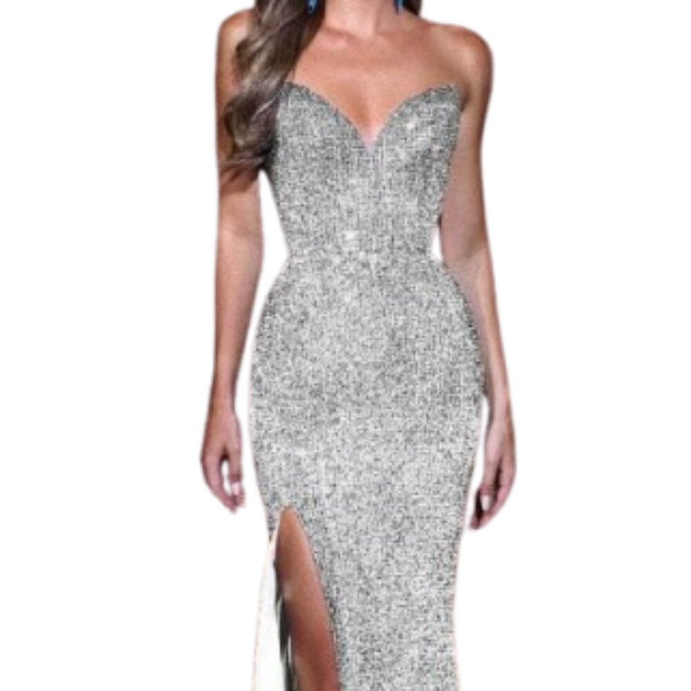 Portia And Scarlett Silver Strapless Sequined Prom Gown With Thigh Slit